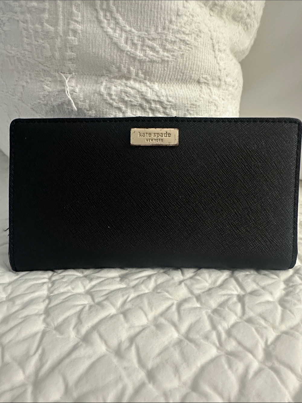 kate spade Black Saffiano Leather Continental Wallet with Gold Logo